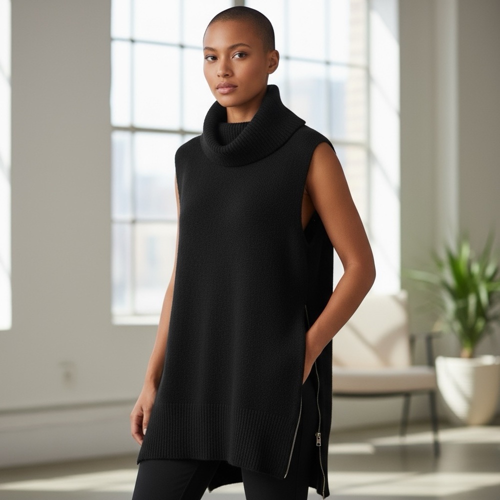 Seven Sisters Black Sleeveless Stretch Knit Turtleneck Split Vent Sweater Size S